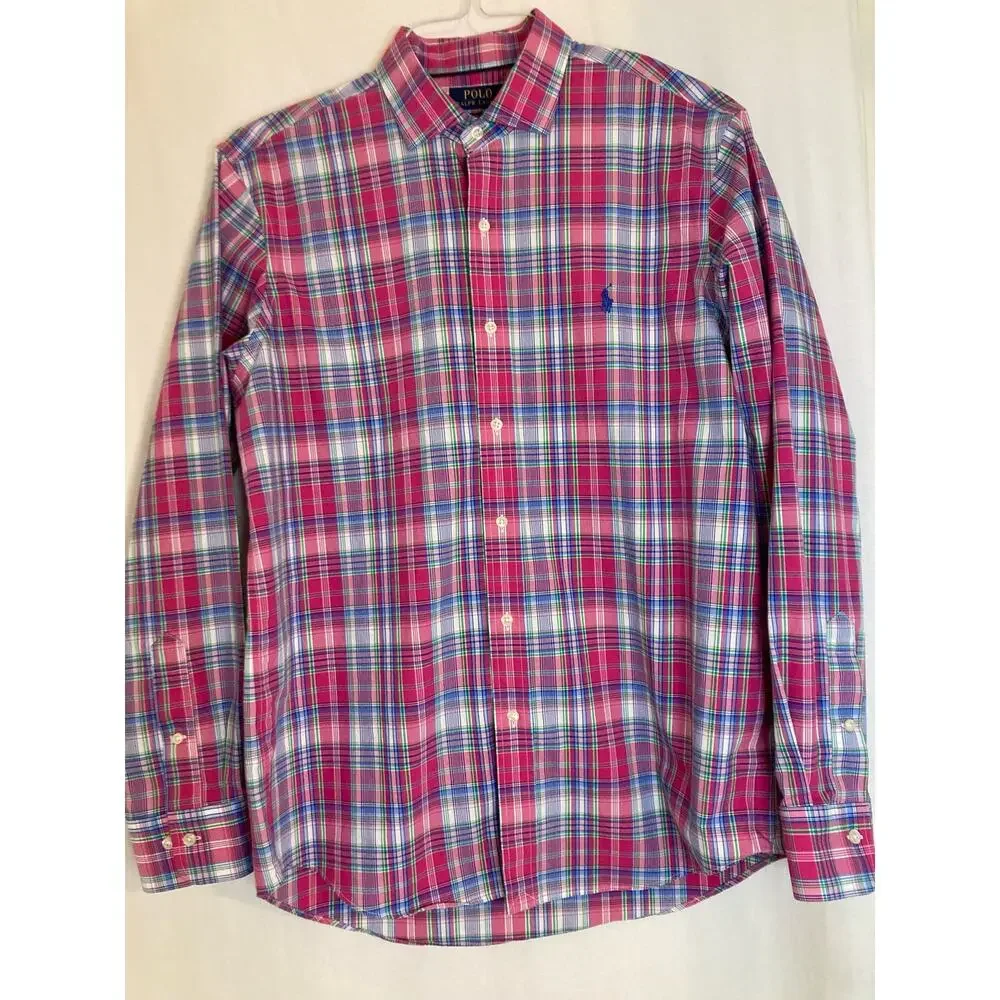 Polo Ralph Ralph Lauren Men‎ Long Sleeve Button Up Non-Iron Size L Pink & Blue